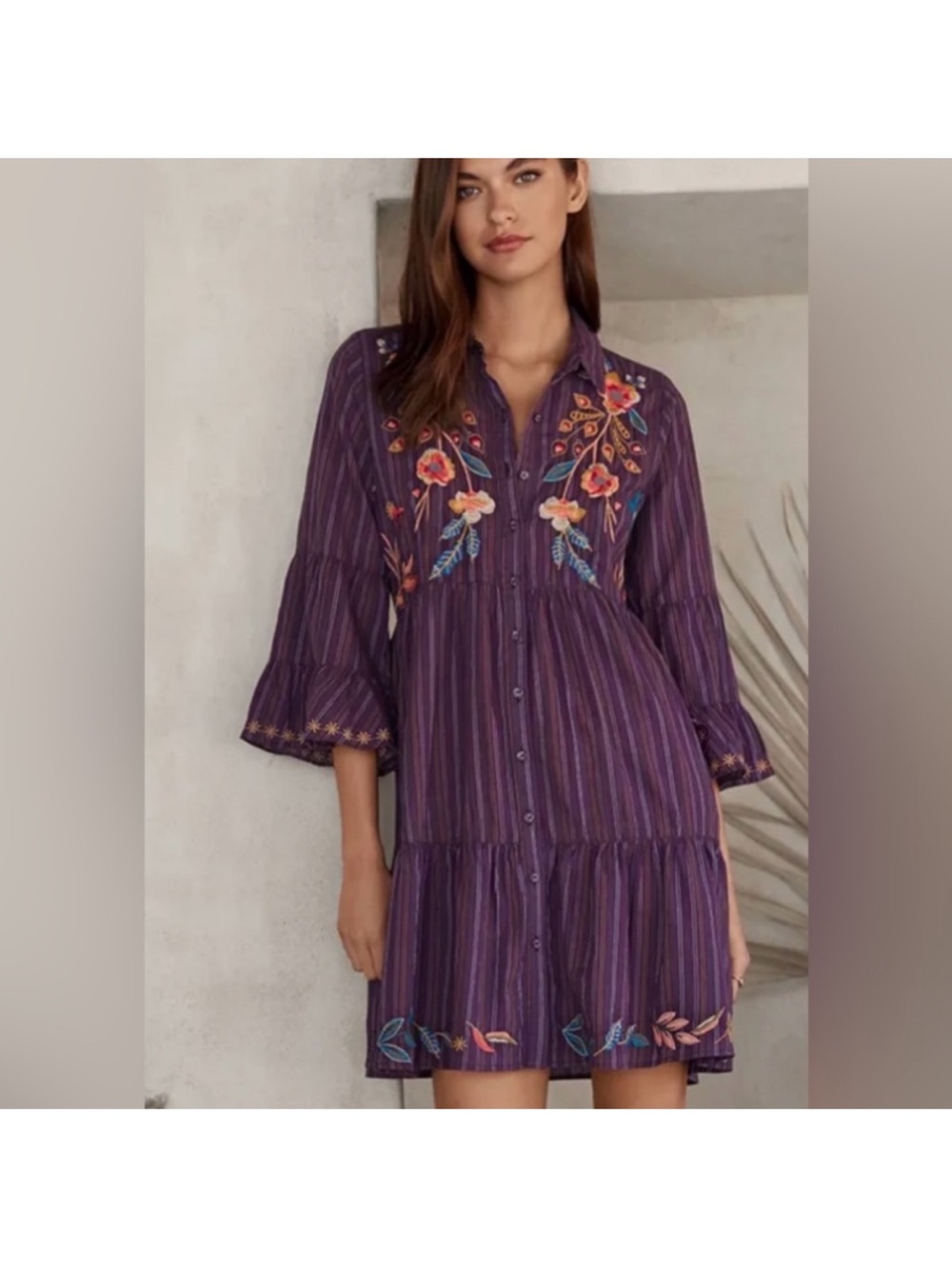 Johnny Was Workshop Shuri Easy Tiered purple button down dress size medium